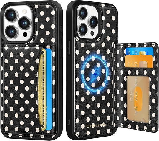 for iPhone 13 Pro Case with Wallet - Fits 4 Card Slots, Compatible with MagSafe for Women Aesthetic Durable PU Leather Credit Card Holder Kickstand Phone Cover for Apple 13 Pro, Black Polka
