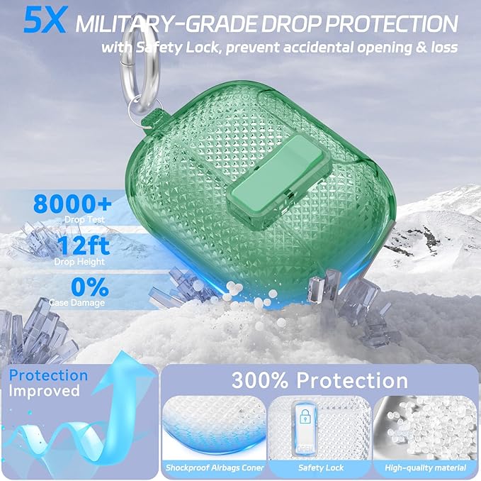 for AirPods Pro 2 Case with Phone Stand & Secure Lock, Auto-Open Clear Cover Compatible with Apple AirPods Pro 2nd/1st Gen (2023,2022,2019) with Cleaning Kit & Keychain (W-Green)