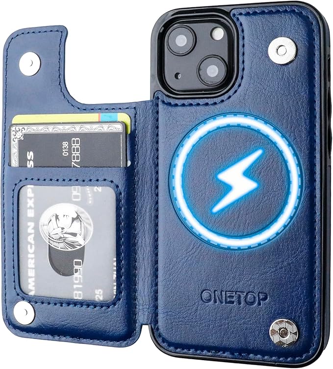 ONETOP Compatible with Magsafe for iPhone 13 Mini Wallet Case with Card Holder, PU Leather Kickstand RFID Blocking Case, Double Magnetic Clasp and Durable Shockproof Cover 5.4 Inch (Blue)