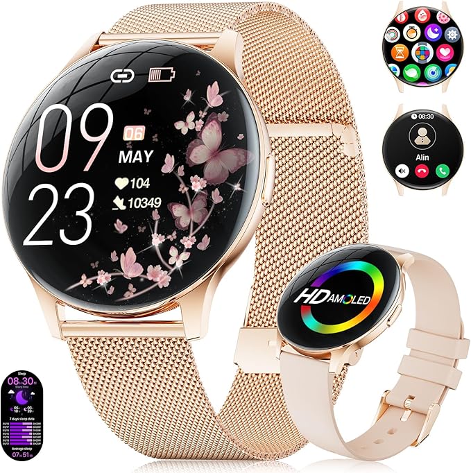 LIGE Smart Watches for Women, Call/Reminders, 1.43" AMOLED Ultra-Thin Activity Trackers with Heart Rate/Sleep/SpO2 Monitor, 100+ Sports Modes Fitness Watch for iOS Android, Gold Mesh
