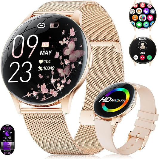 LIGE Smart Watches for Women, Call/Reminders, 1.43" AMOLED Ultra-Thin Activity Trackers with Heart Rate/Sleep/SpO2 Monitor, 100+ Sports Modes Fitness Watch for iOS Android, Gold Mesh