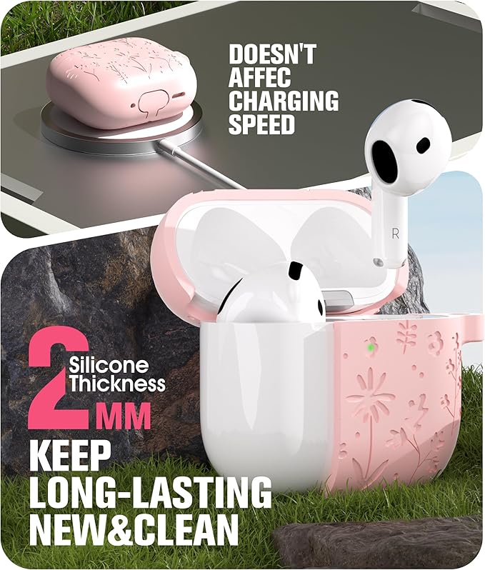 Seltureone Compatible with AirPods 4 Case Cute with Cherry Blossom Keychain and Cleaning Kit, Soft Silicone Shockproof Flower Engraved Cover Compatible with AirPod 4 Case Cover - Pink