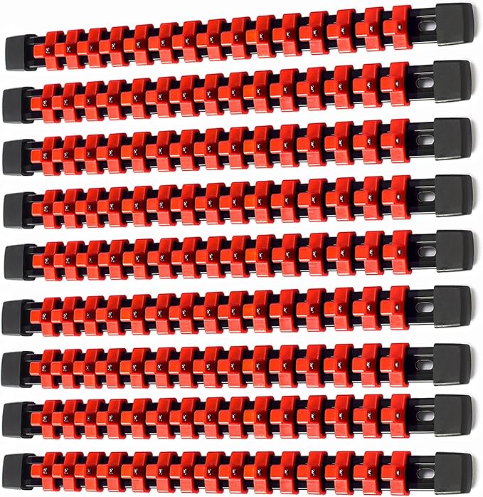 ALOANES 9PC ABS Socket Organizer, Socket Rails Fit 3/8 inch Drive, Heavy Duty Socket Holders Hold up to 135 Sockets, Black Rails with Red Clips