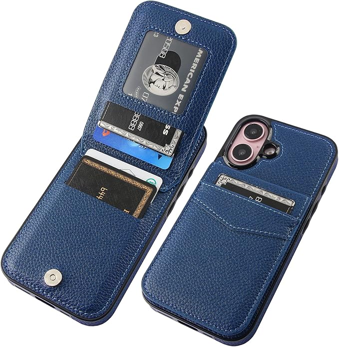 KIHUWEY Compatible with iPhone 16 Case Wallet with Credit Card Holder, Flip Premium Leather Magnetic Clasp Kickstand Heavy Duty Protective Cover for iPhone 16 6.1 Inch (Lichee Blue)