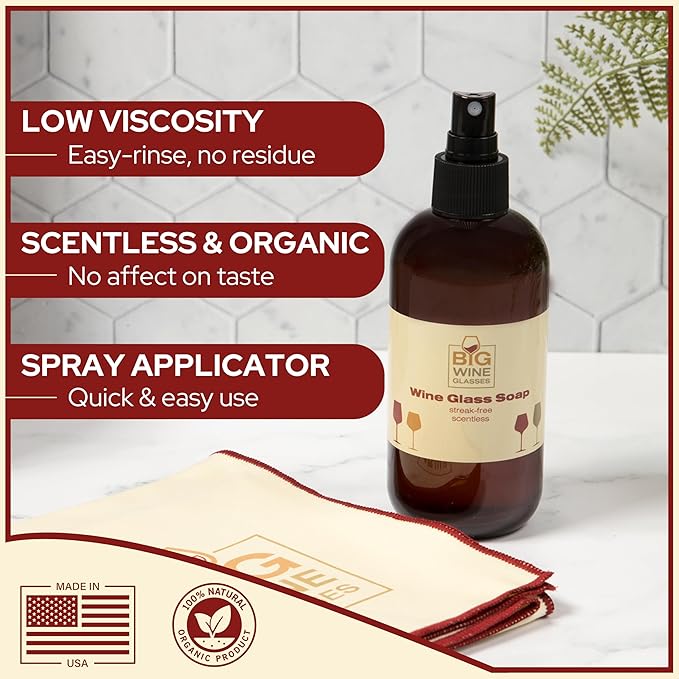 Wine Glass Cleaner & Polishing Cloth Set | Organic Liquid Spray Soap + Microfiber Cleaning & Drying Towel | Streak Free and Spot Free Shine