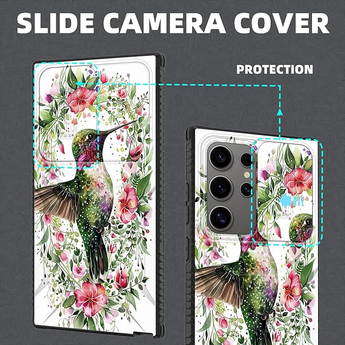 for Galaxy S26 Ultra Case Built in Slide Camera Lens Cover,Heavy Duty Shockproof Protection Dual Layer Case for Samsung Galaxy S26 Ultra 6.9" 2026,Dandelions and Birds