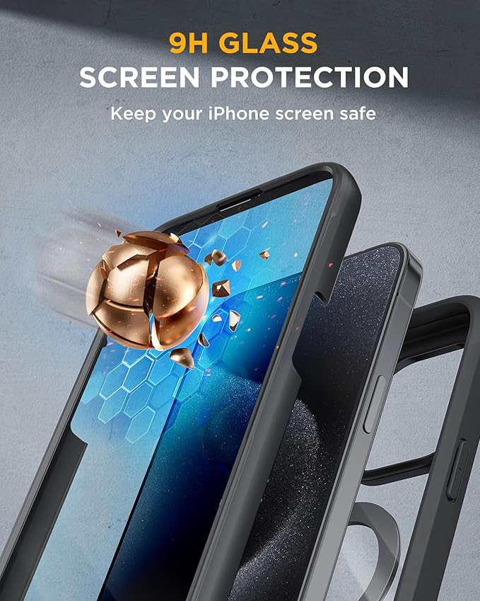 Miracase for iPhone 15 Pro Max Case with 360° Magnetic Ring Stand [Compatible with Magsafe] Full-Body Drop Proof Bumper Phone Case with Built-in 9H Tempered Glass Screen Protector,Black