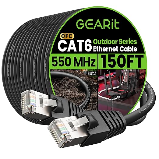 GEARit Cat6 Outdoor Ethernet Cable (150ft) 23AWG Pure Copper, FTP, LLDPE, Waterproof, Direct Burial, In-Ground, UV Resistant, POE, Network, LAN, Internet, Cat 6, Cat6 Cable - 150 Feet