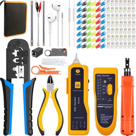 TAIWAIN Cat6 Network Cable Crimping Tool Set RJ45/Cat5, RJ11/RJ12 Repair Cutter Wire Crimper, Cable stripping Cutter Network Crimp Wire Stripper, Cable Tester& Connecter(Black)