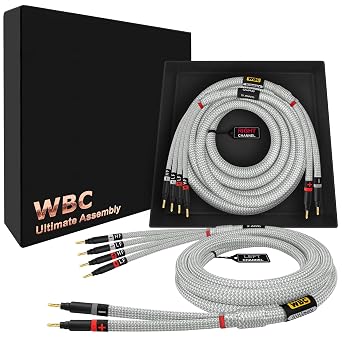 WORLDS BEST CABLES 25 Foot Ultimate - 9 AWG - Ultra-Pure OFC - Premium Audiophile HiFi Bi-Wire Speaker Cable Pair with Eminence Gold Banana Plugs & Silver Tweed Jacket