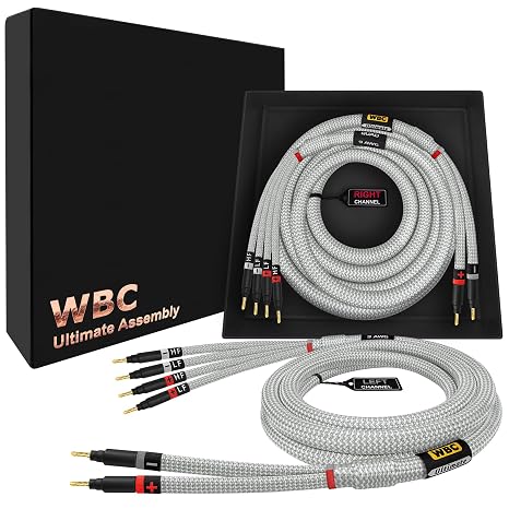 WORLDS BEST CABLES 25 Foot Ultimate - 9 AWG - Ultra-Pure OFC - Premium Audiophile HiFi Bi-Wire Speaker Cable Pair with Eminence Gold Banana Plugs & Silver Tweed Jacket
