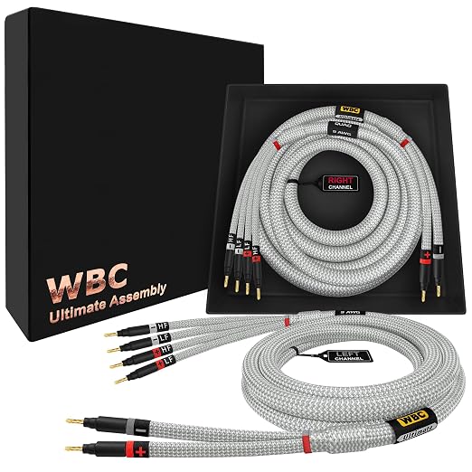 WORLDS BEST CABLES 25 Foot Ultimate - 9 AWG - Ultra-Pure OFC - Premium Audiophile HiFi Bi-Wire Speaker Cable Pair with Eminence Gold Banana Plugs & Silver Tweed Jacket