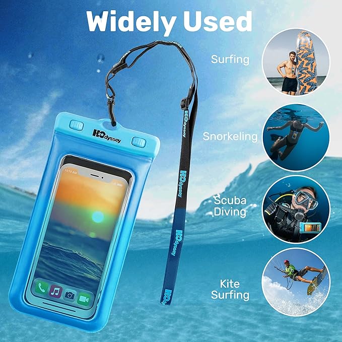 H2ODYSSEY Waterproof Phone Case and Lanyard - Excellent Waterproof Protection - Floats in The Water -Lanyard for Beach Kayak Travel - Universal Size - Blue