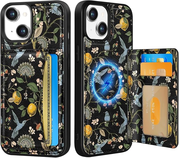 for iPhone 14/13 Case with Wallet - Fits 4 Card Slots, Compatible with MagSafe for Women Aesthetic Durable PU Leather Credit Card Holder Kickstand Phone Cover for Apple 14/13, Lemon Bird