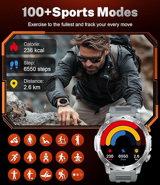 Military Smart Watches 1000 mAh Battery/Flashlight,1.75'' HD Display Smart Watch for Men with Call,IP68 Waterproof Fitness Watch with Heart Rate,Sleep Monitor,100+ Sport Modes,for iOS Android,3 Bands