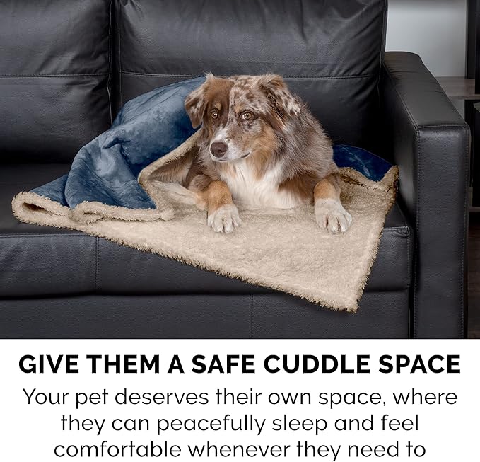 Furhaven Waterproof & Self-Warming Throw Blanket for Dogs & Indoor Cats, Washable & Reflects Body Heat - Soft-Edged Terry & Sherpa Dog Blanket - Cozy Denim, Large
