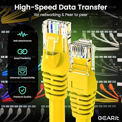 GEARit Cat 6 Ethernet Cable (20-Pack 1 Foot) Cat6 Network Patch, 10Gbps, RJ45, Snagless Cord, Gold-Plated Connectors, Internet for PC, TV, Tablet, Router, Printer, Servers, IT Data Center - Yellow
