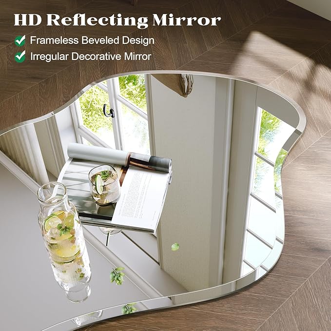 Irregular Wall Mirror, 26”x46” Frameless Asymmetrical Mirror, Beveled Frameless Funky Wavy Wall Mirrors for Entry Way Modern Bathroom Bedroom Living Room