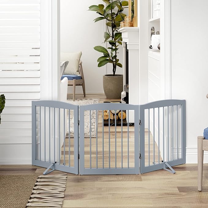 Freestanding Pet Gate for Dogs, Foldable Wooden Dog Gate for House, Indoor Dog Gate for Doorways, Stairs, Gates for Dogs Indoor, Support Feet Included, 24" Height 3 Panels, Grey