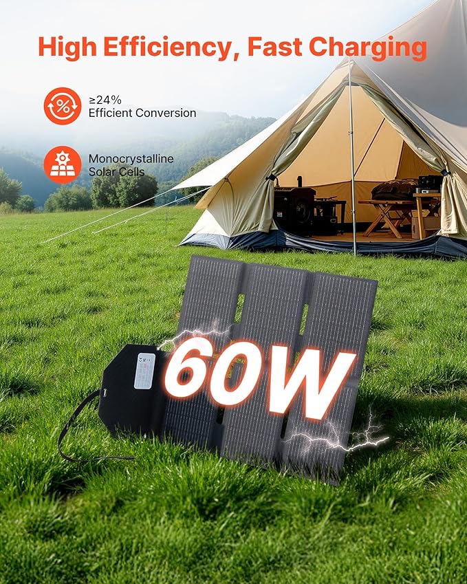 VEVOR 60W Foldable Solar Panel Charger, 16BB N-Type Monocrystalline Solar Panel 24% Efficiency, Lightweight Portable with MC4 Output, Type-C, USB-A & DC Ports for Power Stations Camping Hiking