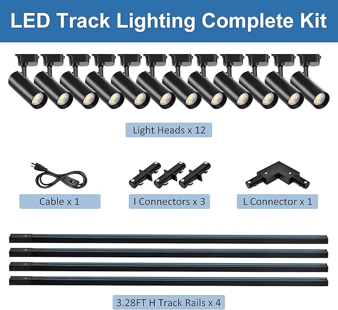 Super Brightness 25W 2000lm H Type LED Black Track Lighting Kit System，3000K Warm Light Dimmable Brightness，with 13 FT Track Rails, Ceiling Spotlight Fixture with Installation Package