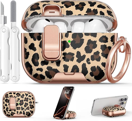 for AirPods Pro 3 Case 2025, with Safty Lock & Phone Stand for Floral AirPods Pro 3 Generation Case Cover for Women Girly, iPod Pro 3 Case with Keychain & Cleaner Kit - Leopard Print