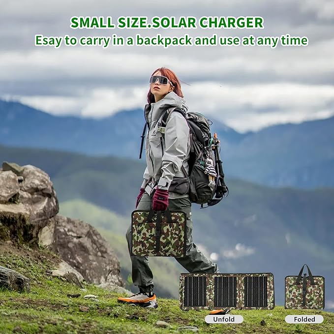 28W Portable Solar Panel Charger, Foldable Backpacking Solar Panel with Dual USB Fast Charging, IP67 Waterproof ETFE Solar Charger for Camping, Hiking, Travel, Power Bank and Phone