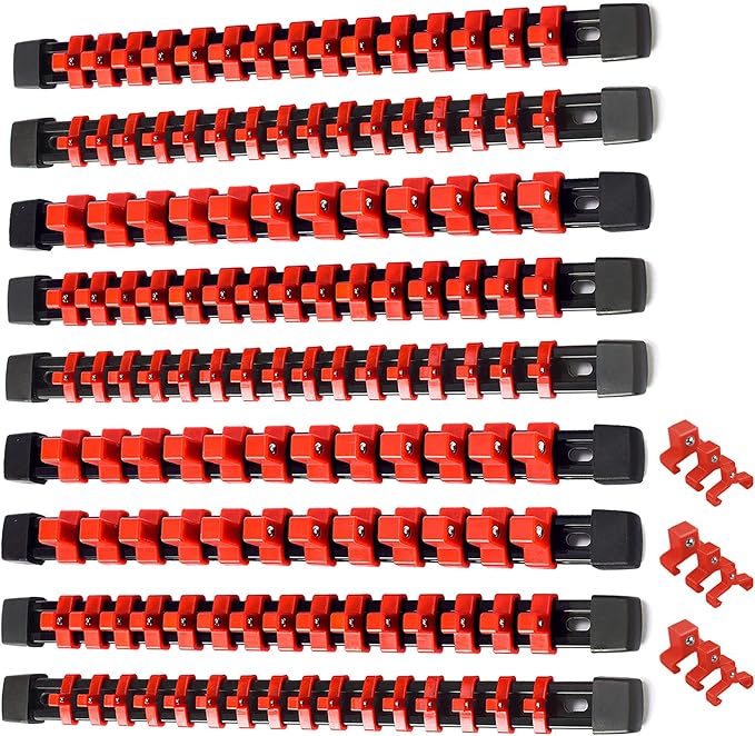 ALOANES 9PC ABS Socket Organizer, Socket Rails Fit 1/2 inch, 3/8 inch and 1/4 inch Drive, Heavy Duty Socket Holders Hold up to 129 Sockets, Black Rails with Red Clips