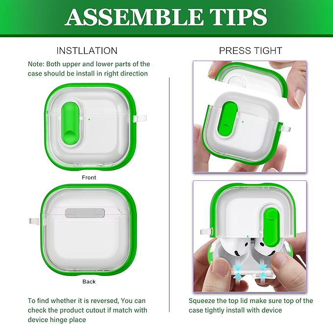 for AirPods 4th Generation Case 2024 with Bright Plated Bezel and Switches, Military-Grade Shockproof Transparent Anti-Yellowing for AirPods 4 Cover, Green
