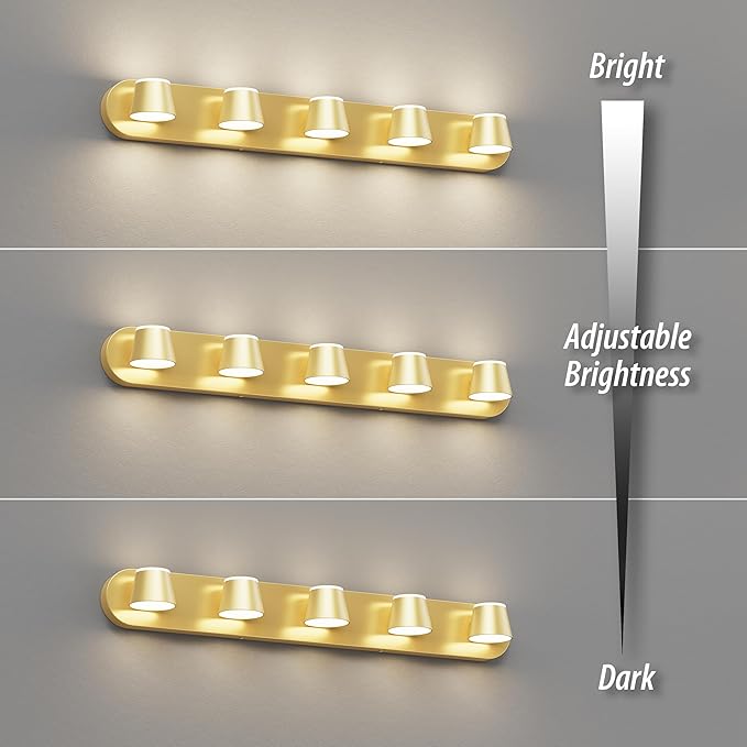 URSOLA Bathroom Lighting Fixtures Over Mirror, 5 Light Bathroom Vanity Light, LED Gold Wall Light Fixtures Up and Down Rotatable Dimmable 34 inch