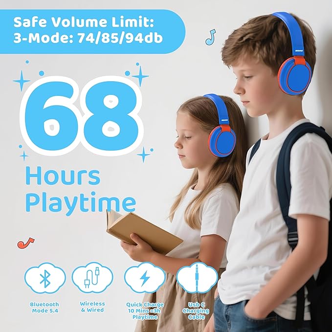MIDOLA Kids Headphones Wireless Bluetooth 5.4 68H Play Time Volume Limit 85/94dB Over-Ear Foldable Headset,Type-C Fast Charging,with Wired Aux Mic for Toddler Boy Girl Pad Tablet Blue
