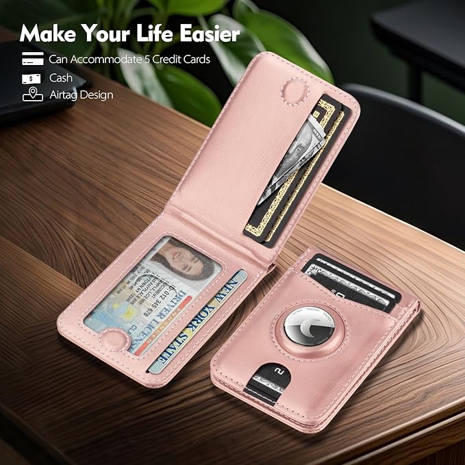 Compatible with Magsafe Case with RFID Blocking Card Holder AirTag pocket for iPhone 17/16/15/14/13/12 Pro/Pro Max/PlusSeries,Not Fit iPhone Mini,Rose Gold