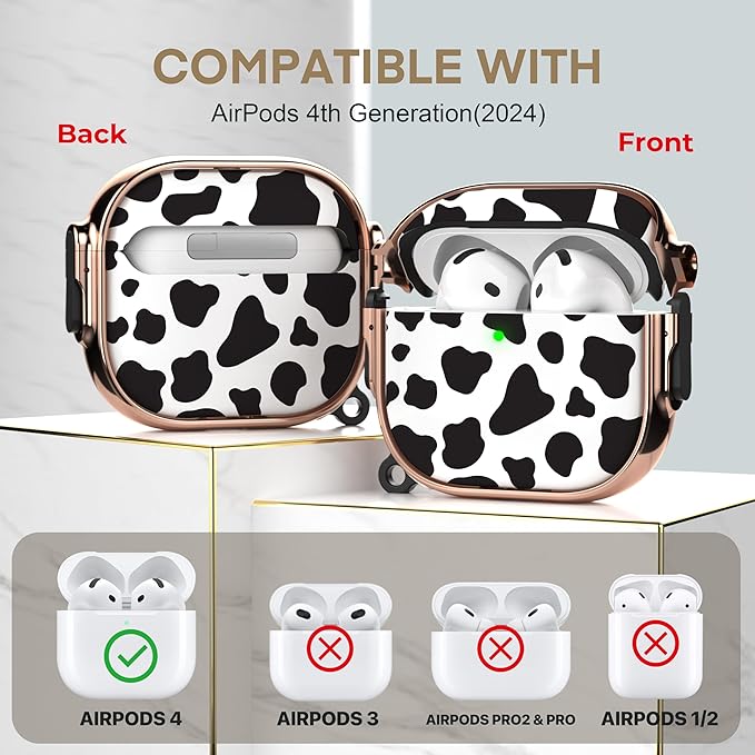 Maxjoy for AirPods 4 Case with Lock, Cute AirPods 4 Case Lock Protective Hard AirPod 4 Generation Cover for Women Men with Keychain Clip for AirPod 4th Generation Cover 2024, Cow Print