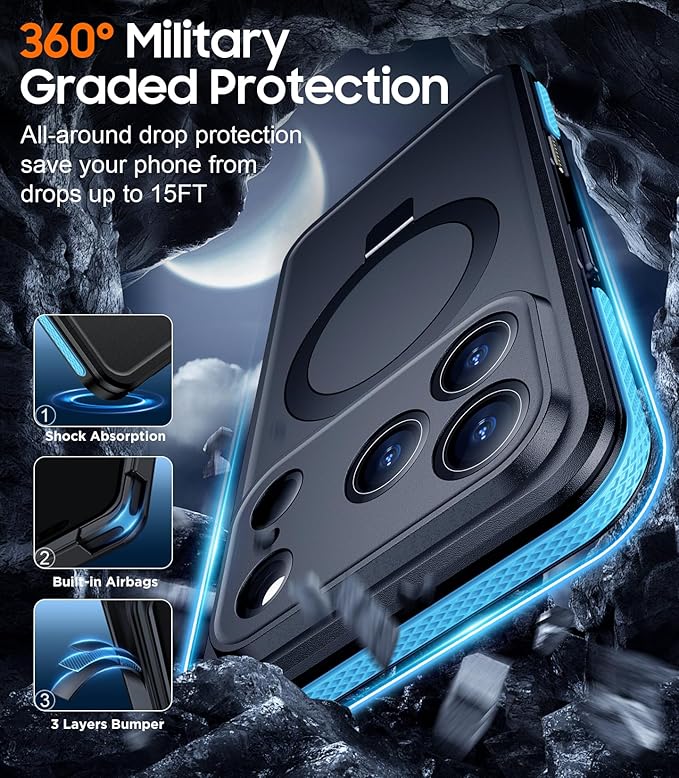 Temdan Magnetic Compatible with iPhone 17 Pro Max Case,Waterproof Built-in Screen & Camera Protector IP68 Underwater Full Body 17FT Military Dropproof Shockproof Phone Case 6.9"-Blue/Black
