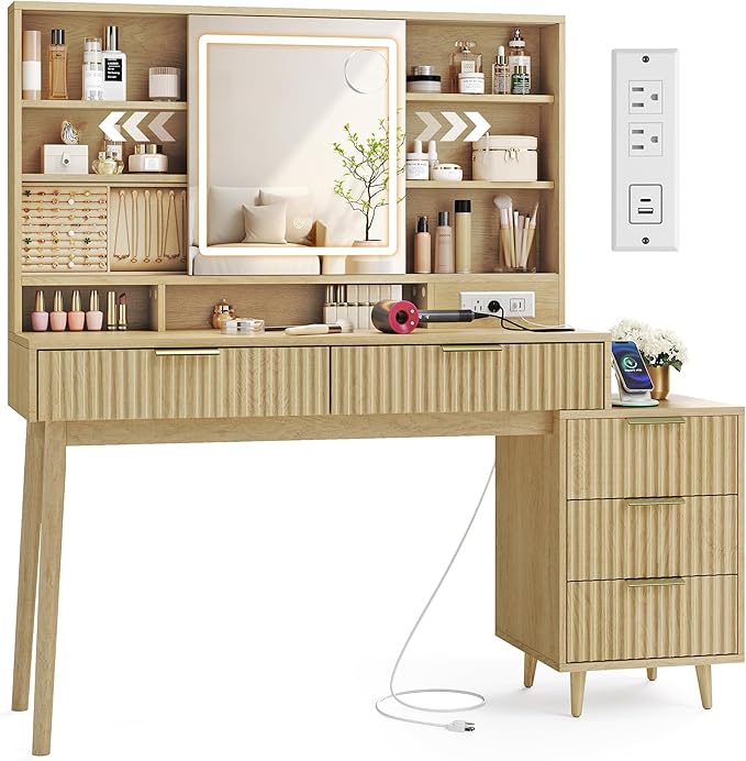 VASAGLE MAXE Collection - Vanity Desk with Sliding Mirror and Lights, Mid Century Modern Fluted Makeup Vanity with 10x Magnifying Mirror, Charging Station, Jewelry Storage, Oak Beige URDT139YC01S