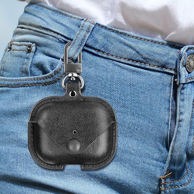 Genuine Leather Case Compatible with AirPods Pro Case 2nd/1st Gen (2023/2022/2019), VOMA Protective Cover for Apple AirPods Pro 2/Pro Wireless Charging Case with Keychain and Snap Lock Black