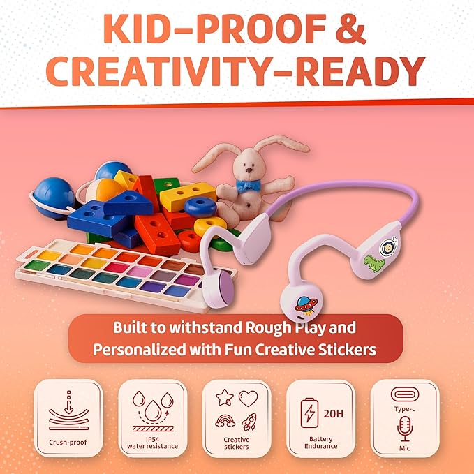 Kids Bluetooth Headphones, Air Conduction Open-Ear Headphones, Mic/Touch, 85dB Limit, Parental Control, Clear Audio, Lightweight, Rugged & Durable, IP54/20H, Earbuds for School/Travel - Red Yellow