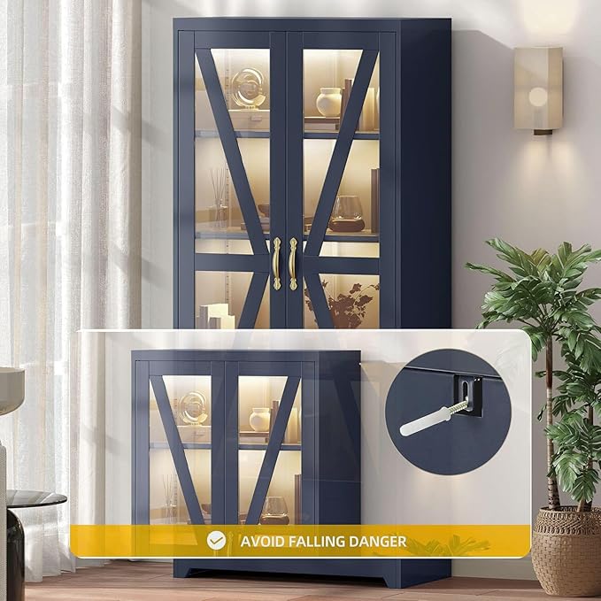 DWVO Display Cabinet with LED Lights, 61" Metal Display Case with Glass Barn Doors for Collectibles, Organizer Cabinet with 3 Adjustable Shelves and Drawer for Living Bedroom, Office, Navy Blue