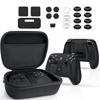 6-in-1 Carrying Case Kit for Steam Controller 2 (2026), with 1 Silicone Protective Cover, 7 Protective Stickers, 1 Charging Port Dust Plug, 8 Thumb Grip Caps, and 4 Rocker Guard Rings.