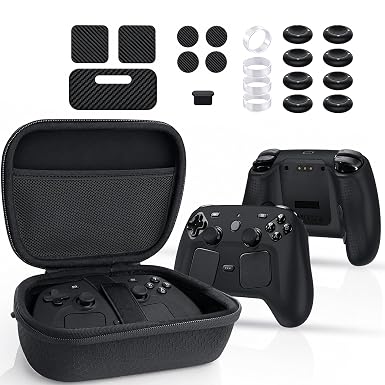 6-in-1 Carrying Case Kit for Steam Controller 2 (2026), with 1 Silicone Protective Cover, 7 Protective Stickers, 1 Charging Port Dust Plug, 8 Thumb Grip Caps, and 4 Rocker Guard Rings.