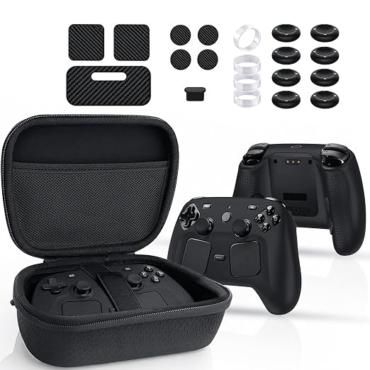 6-in-1 Carrying Case Kit for Steam Controller 2 (2026), with 1 Silicone Protective Cover, 7 Protective Stickers, 1 Charging Port Dust Plug, 8 Thumb Grip Caps, and 4 Rocker Guard Rings.