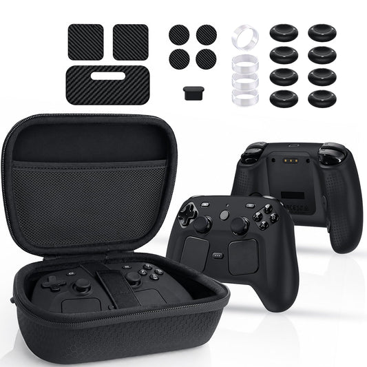 6-in-1 Carrying Case Kit for Steam Controller 2 (2026), with 1 Silicone Protective Cover, 7 Protective Stickers, 1 Charging Port Dust Plug, 8 Thumb Grip Caps, and 4 Rocker Guard Rings.