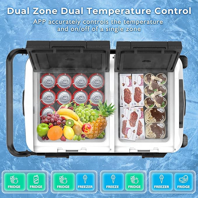 AS 12 Volt Refrigerator, 63QT(60L) Dual Temperature Zone Electric Cooler with Wheels, Portable Freezer 12V/24V DC 110-240V AC, -4℉-68℉ Car Fridge for Car, Marine, Home, Outdoor, etc