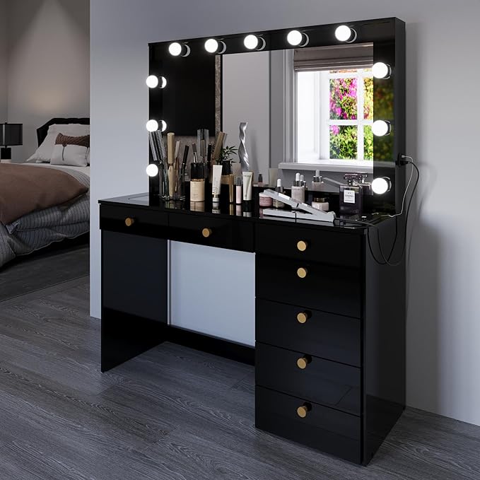 Boahaus Serena White Makeup Vanity with Mirror and 11 Lights, 7 Drawers, Glass Top, Crystal Knobs, USB-A & USB-C Ports, 110V Power Outlet, Bedroom Vanity Desk (Black)