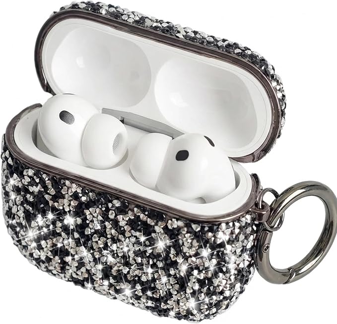 for Cute Glitter AirPods 4 Case for Women| Bling Hard Airpod iPods 4 Cases | with Keychain | Sparkly Rhinestone Air Pods 4 Generation Case for Women Girl- Model A3058/A3059(Blackwhite)