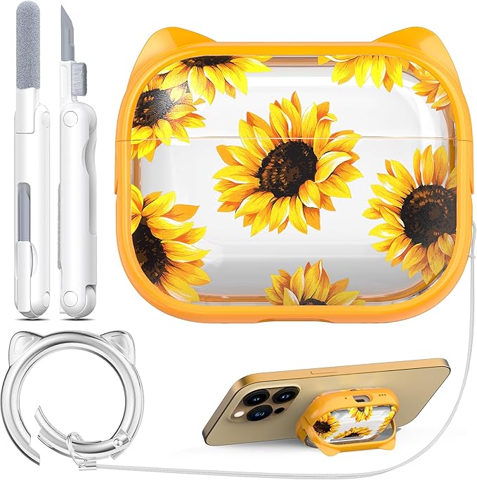 RFUNGUANGO AirPods Pro Case for Women Girly Cat Case with Lock, Phone Stand, Keychain & Cleaner Kit, Compatible with Apple Airpods Pro 2nd/1st Generation Case Cover, Transparent Sunflower