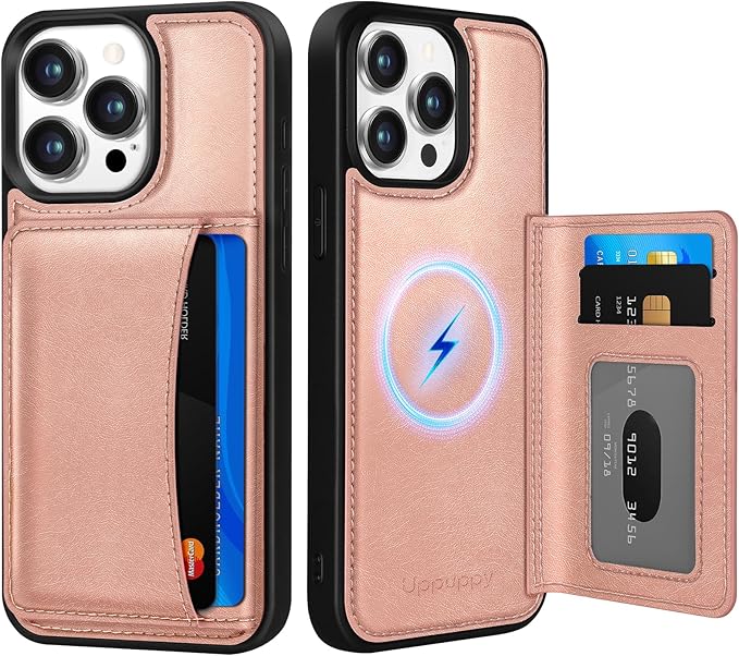 for iPhone 15 Pro Case with Wallet - Fits 4 Card Slots, Compatible with MagSafe for Women Aesthetic Durable PU Leather Credit Card Holder Kickstand Phone Cover for Apple 15 Pro, Rose Gold