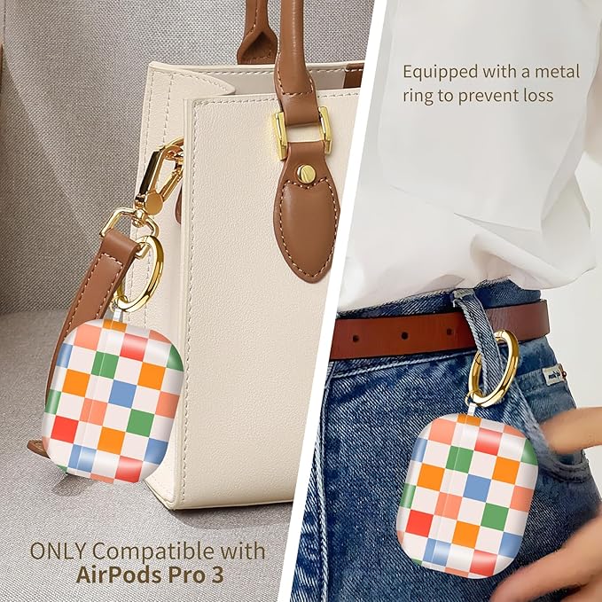 Compatible with AirPods Pro 3rd Generation 2025 Case Cover with Gold Keychain - Cute Protective Hard AirPod Pro 3 Cases for Women - Checkered Colorful