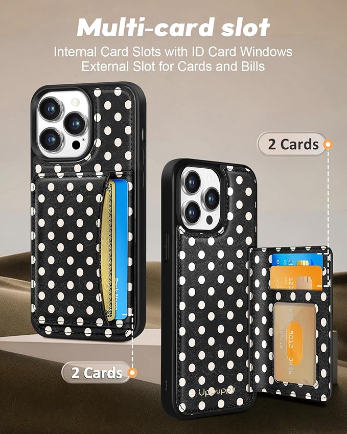 for iPhone 13 Pro Max Case with Wallet - Fits 4 Card Slots, Compatible with MagSafe for Women Aesthetic PU Leather Credit Card Holder Kickstand Phone Cover for Apple 13 Promax, Black Polka