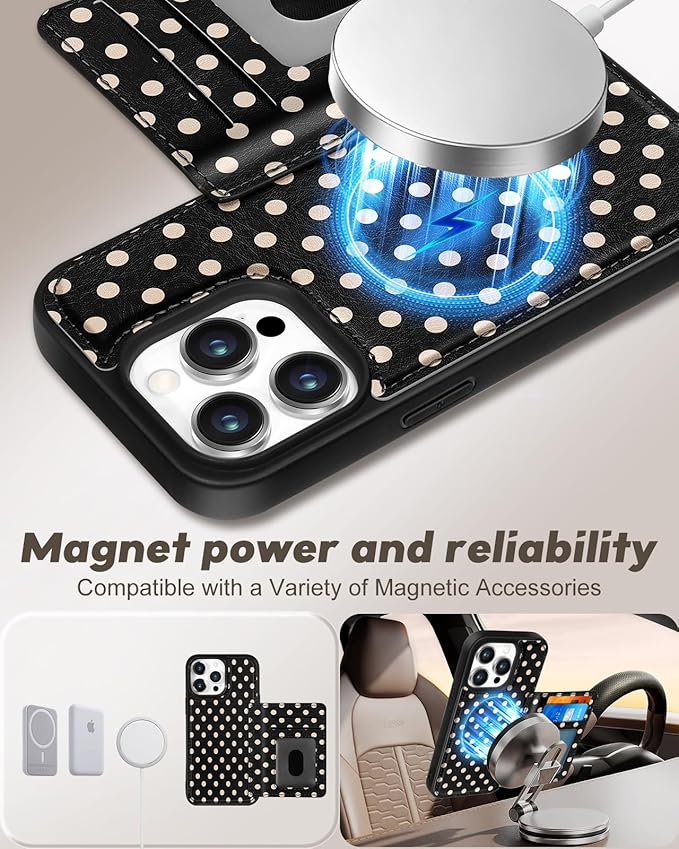 for iPhone 12 Pro Max Case with Wallet - Fits 4 Card Slots, Compatible with MagSafe for Women Aesthetic PU Leather Credit Card Holder Kickstand Phone Cover for Apple 12 Promax, Black Polka